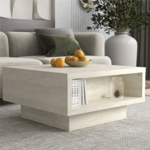 With a simple, elegant design, this round fiberglass coffee table