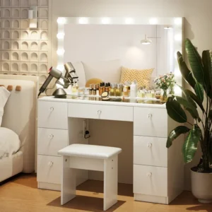 Greyden 7-Drawer Lighted Mirror Vanity Set with Charging Station