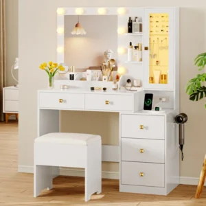 Vanity Desk with Mirror and Lights, Makeup Vanity with 5 Drawers and Hidden Jewelry Organizer